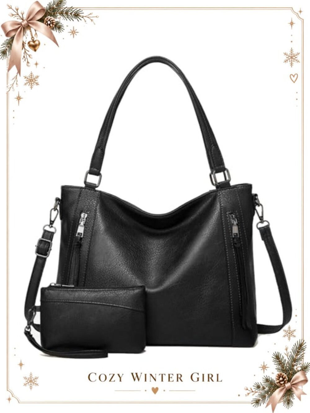 Vegan Leather Hobo Bag Set with Wallet Convertible Crossbody Shoulder Purse